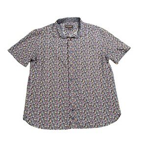 Johnston & Murphy Men's Large Flamingo Print Cotton Short Sleeve Shirt Navy